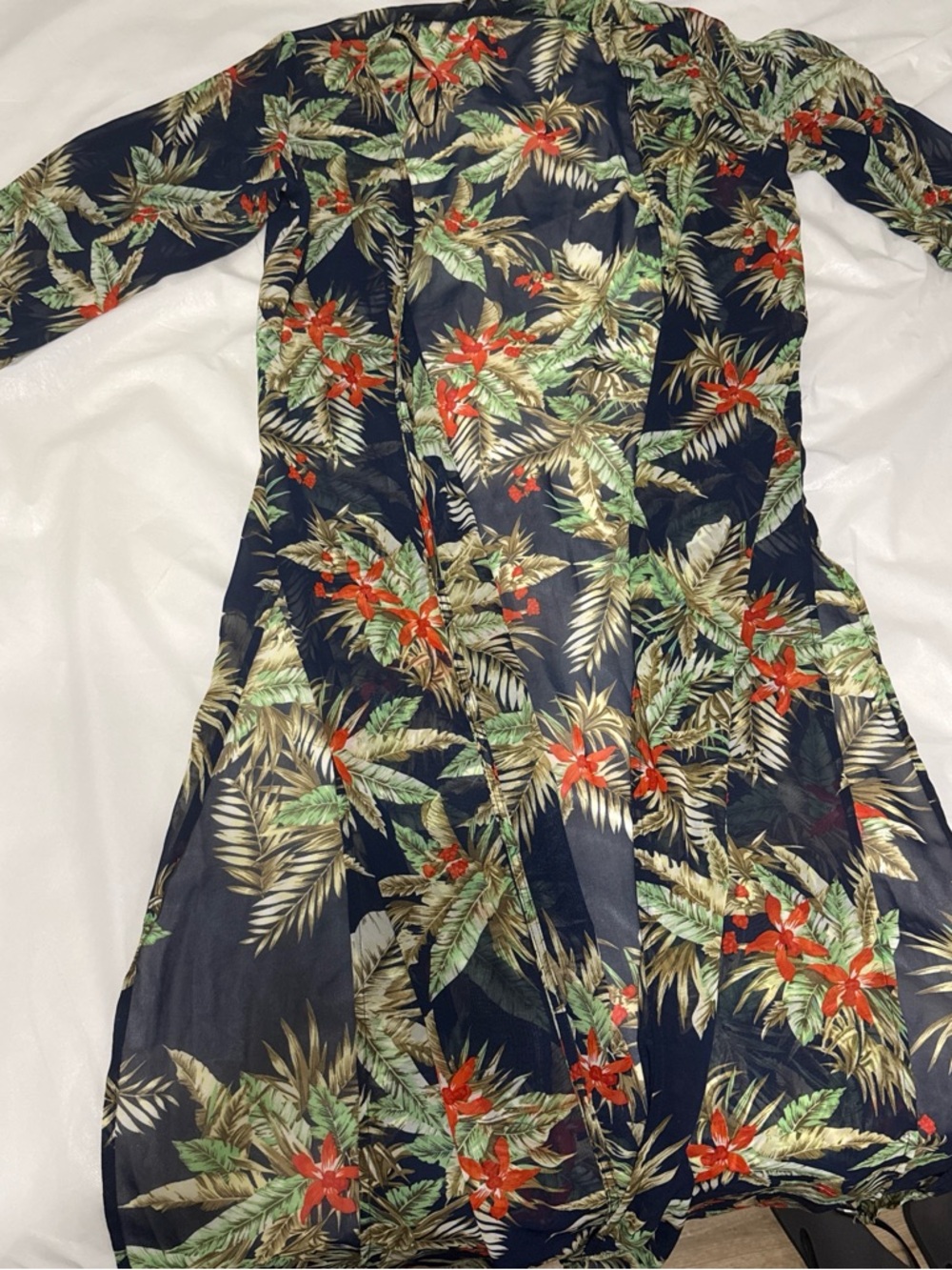 Fashion Nova Navy Tropical Sheer Kimono with Green & Red Print